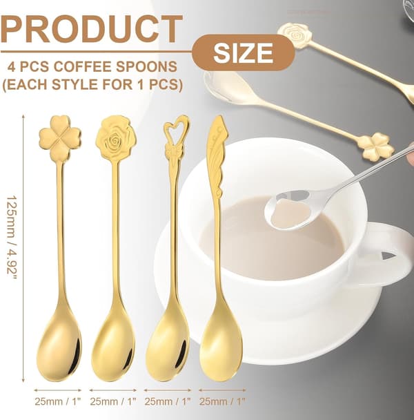 4-pack Guld Kaffeskedar Set - 4 Unika Formade 304 Rostfria Teskedar för Espresso, Dessert & Te-bjudning, Diskmaskinsäker Gold