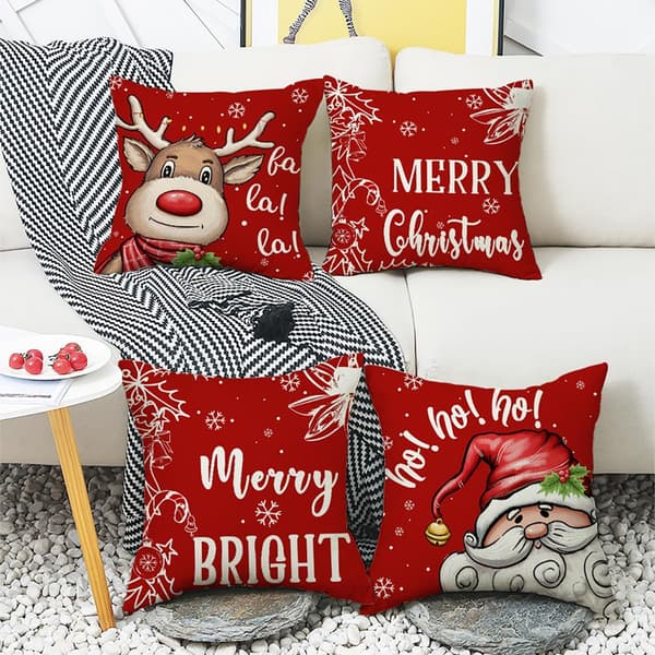 Jul Kuddfodral Set om 4 Snögubbe Ren Gårdshus Prydnadskudde Kuddfodral Vinter Dekorativt Kuddfodral 45x45 cm