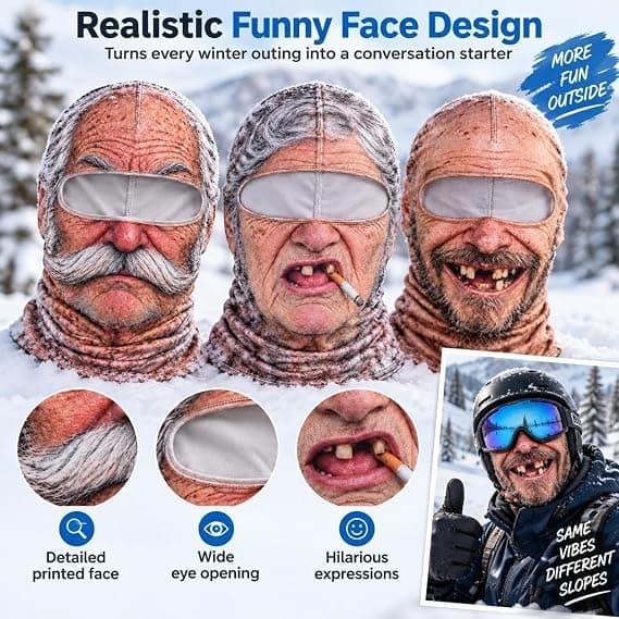 Rolig realistisk ansiktsmask för skidåkning, nyhet, gubbe, vinterbalaklava
