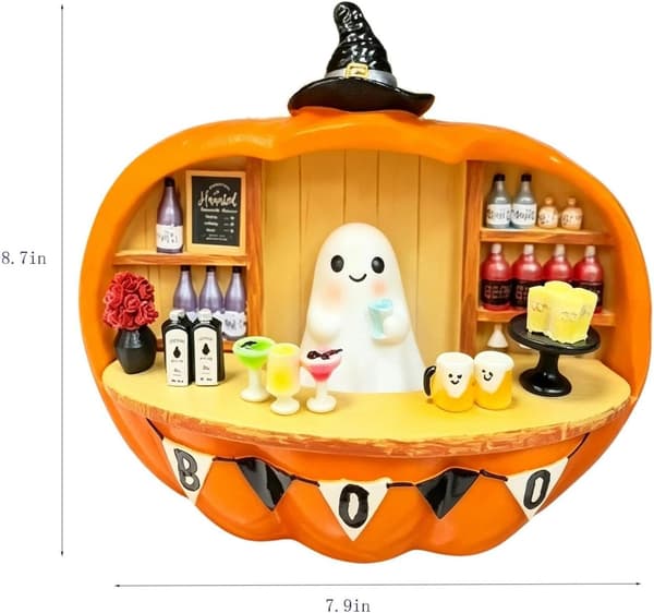 Halloween Pumpa Spöke Bartender Figur, 8.7\" Minibar Scen Staty med Varma Ljus, Harts Halloween Dekoration för Sovrum, Bardisk & Entré