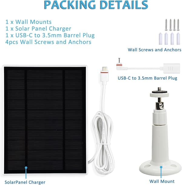 Solpanel för Ring-kameror, 1-pack solpanel kompatibel med Ring Stick Up Cam/Pro Battery, Ring Spotlight Cam Plus/Pro Battery, med USB-C-port