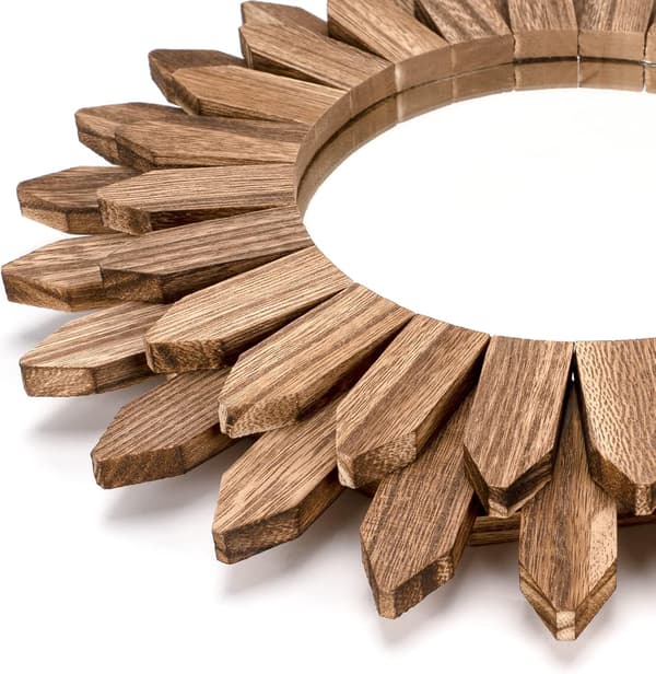 12\" Solstråle Väggspegel, Rustik Trä Boho Spegel för Entré, Sovrum & Vardagsrum, Karboniserad Svart