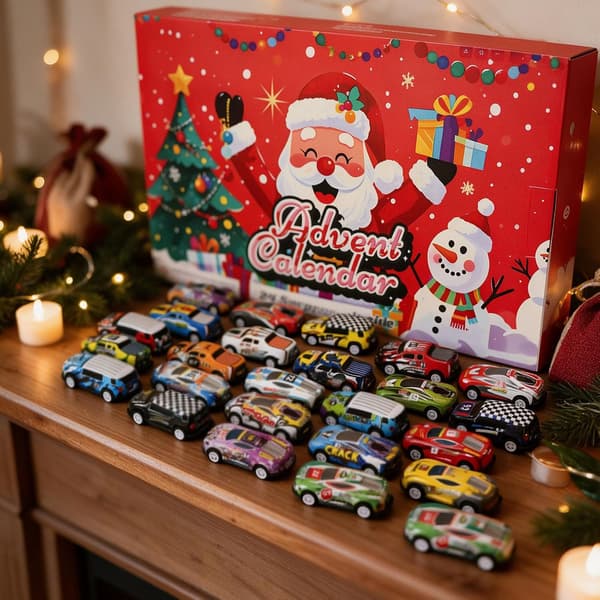 Julkalender 2026 – 24-dagars överraskningsbox med racerbilar för barn · 24 överraskningar med pull-back-racerbilar för barn