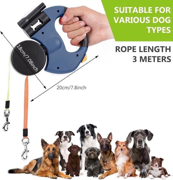 Infällbart koppel – 360° vridbart hundkoppel – 2-i-1-design – Hundkoppel – Trasselfritt system – LED-ljus – Blå