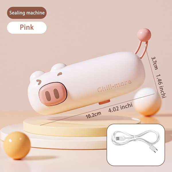 Minipåsförseglare, 2026 Ny tecknad påsförseglare, påsförseglare värmeförsegling för plastpåsar snackspåsar, USB-laddning, (ROSA GRIS)