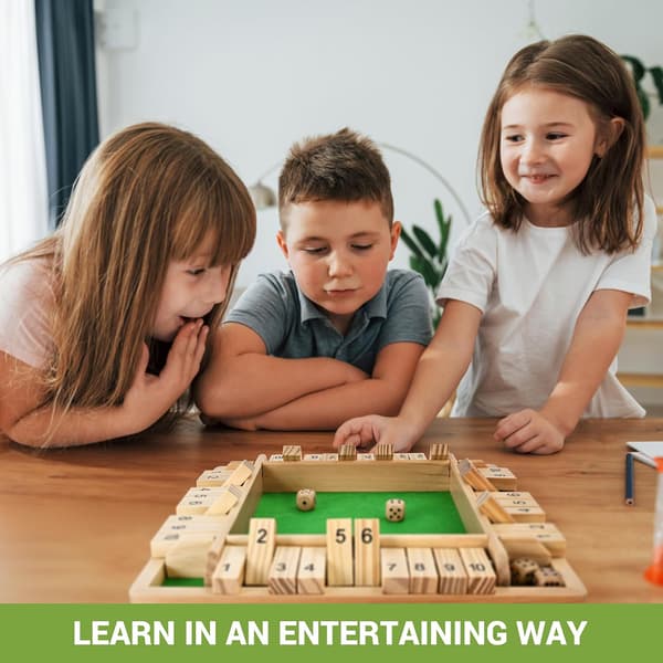 Trä Shut The Box Spel (2-4 Spelare) - Stor 4-sidig Bräda, 8 Tärningar, Regler - Underhållande Addition Spel för Barn & Vuxna, 8.7 Tum