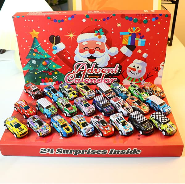 Julkalender 2026 – 24-dagars överraskningsbox med racerbilar för barn · 24 överraskningar med pull-back-racerbilar för barn