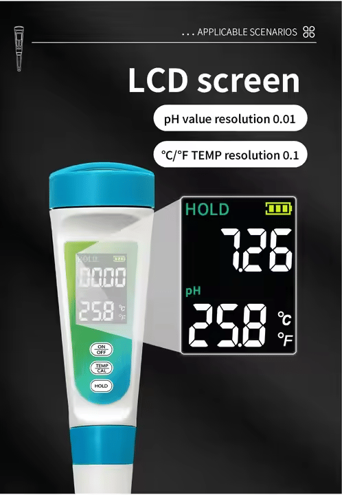 Intelligent Digital pH-mätarpenna, Vattenkvalitetstestare med hög precision med 3-punkts kalibreringspulver (pH4.00/6.86/9.18), LCD-display, Bärbart pH-test