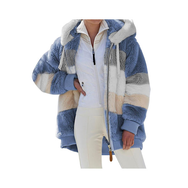 Dame Vinter Plys Hætte Frakke Langærmet Zip Up Tyk Cardigan Varm Løs Jakke W Blue M