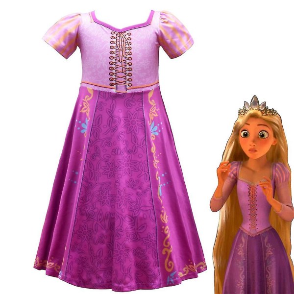 Flickor Rapunzel Cosplay Kostym Party Finklänning Kortärmad prinsessklänning för 6-12 år Barn 130cm