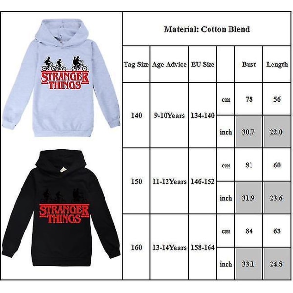 Stranger Things Tema Tenåringer Casual Hoodies Lang Ermet Hettegenser Genser Topper Black 9-10 Years