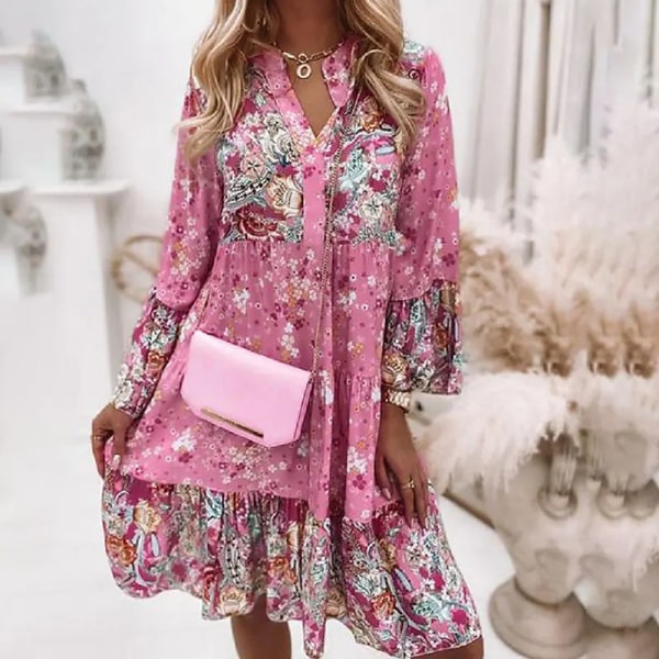 Dame Summer Long Sleeve Dresses Blomsterprint Beach Mini Dress Pink 2XL