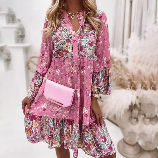 Kvinner sommer langarmede kjoler Blomstrete print strand Minikjole Pink S