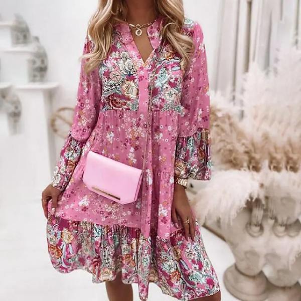 Kvinner sommerlige langermede kjoler Blomstrete print strand Minikjole Pink 3XL