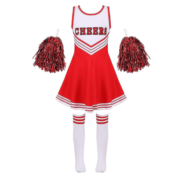 Barn Cheerleading Kostym Skoltjejer Cheerleader Uniformer Cheer Dans Outfits För Halloween Klänning Med Strumpor Blomma D_y Red 3-4 Years