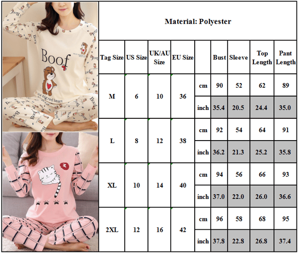 Langarmet pyjamas for kvinner, 2-delt buksesett for kvinner beige bear M
