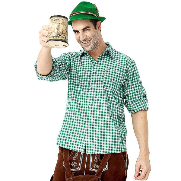 (skjorte+bukser+hat) Oktoberfest øl og Lederhosen kostume Halloween Bavarian Carnival Party Deluxe Cosplay Outfit Sæt Green Plaid shirt M