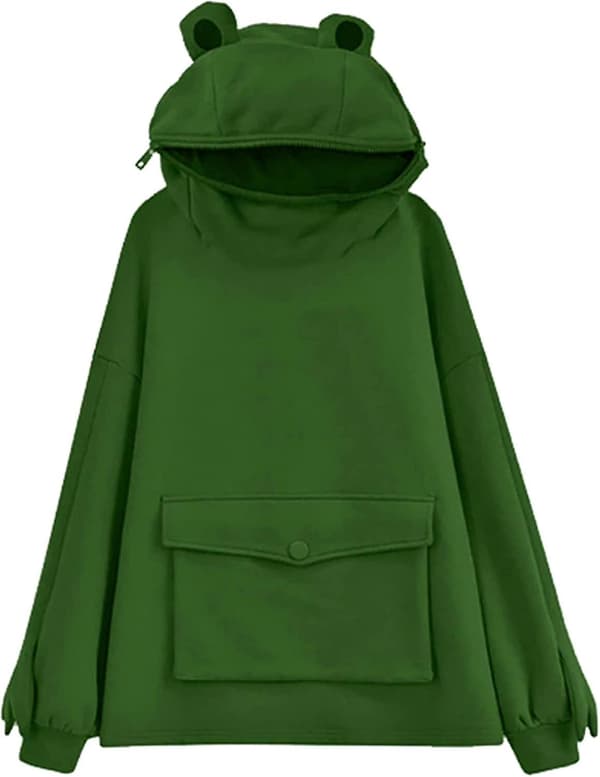 Dam/flicka Söt Groda Hoodie Pullover Dragkedja Mun Huvtröja med stor framficka H