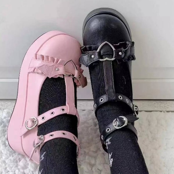 Søte Hjerte Spänne Kiler Mary Janes Kvinner Rosa T-rem Chunky Plattform Lolita Sko Kvinne Punk Gothic Cosplay Sko 43 PINK-87 40