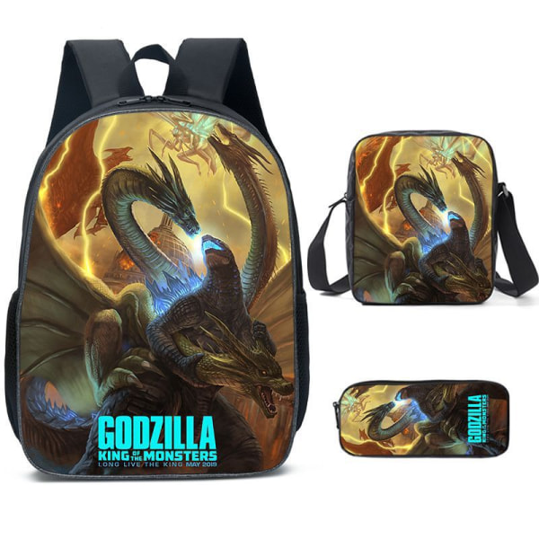 Godzilla Ryggsäck Anime Tecknad Student Skolväska 3 Delar Set Y
