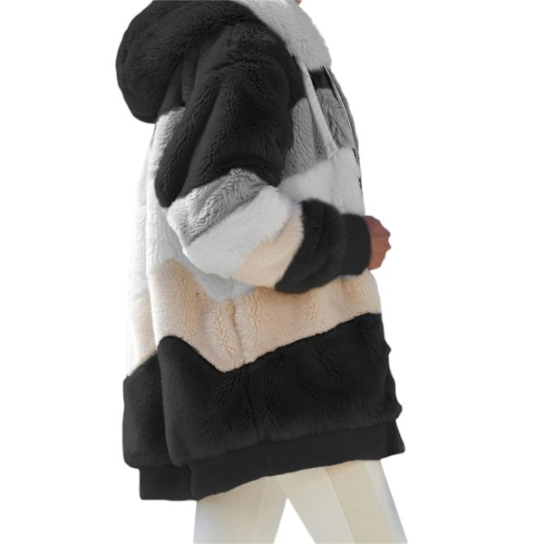 Dame Vinter Plys Hætte Frakke Langærmet Zip Up Tyk Cardigan Varm Løs Jakke W Black 2XL