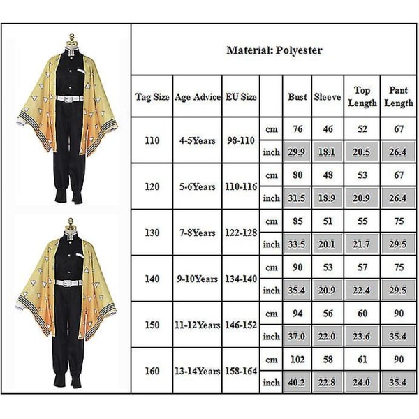 Børns Demon Slayer Animation Cosplay Kostume Outfit Sæt W Agatsuma Zenitsu 7-8 Years