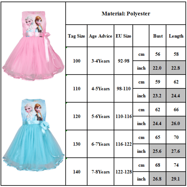 Frozen Princess Tutu Kjole Mesh Kjole Anna Elsa Printet cm . Light Blue 110