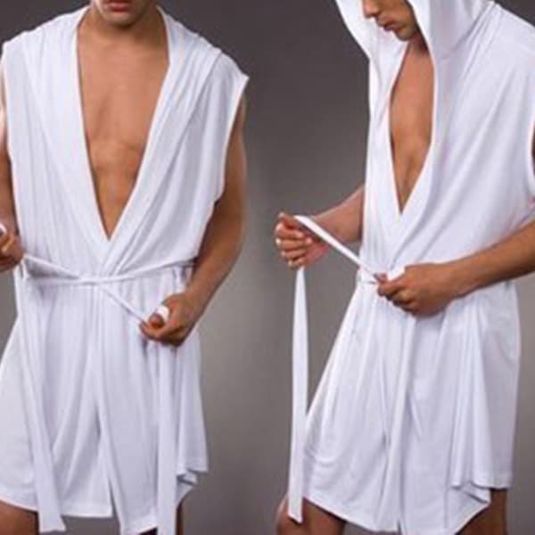 Silkeslen badrock för män Pyjamas Huvrock Sovkläder Ärmlös / White XL