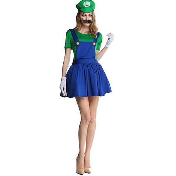 Super Mario Luigi Cosplay Kostyme Voksne Barn Fancy Dress Outfit Klær Luigi Green Women M