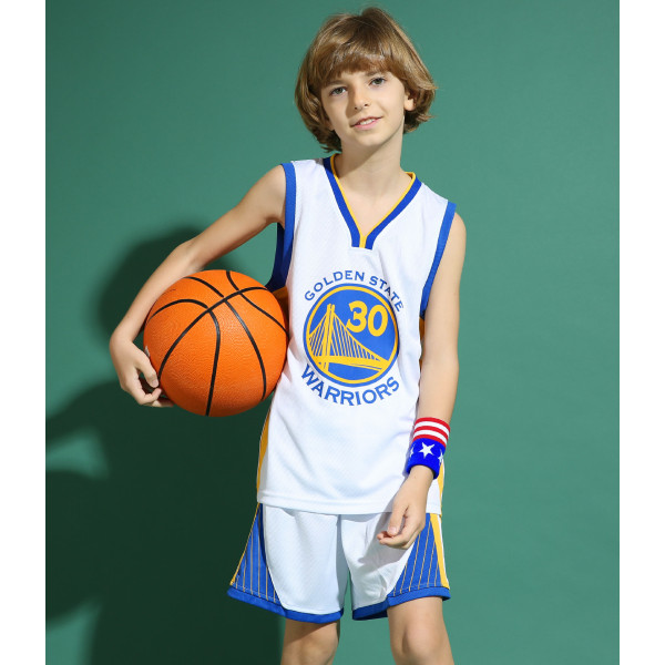 Stephen Curry No.30 Basketball Jerseysæt Warriors Uniform til børn teenagere White XXL (160-165CM)