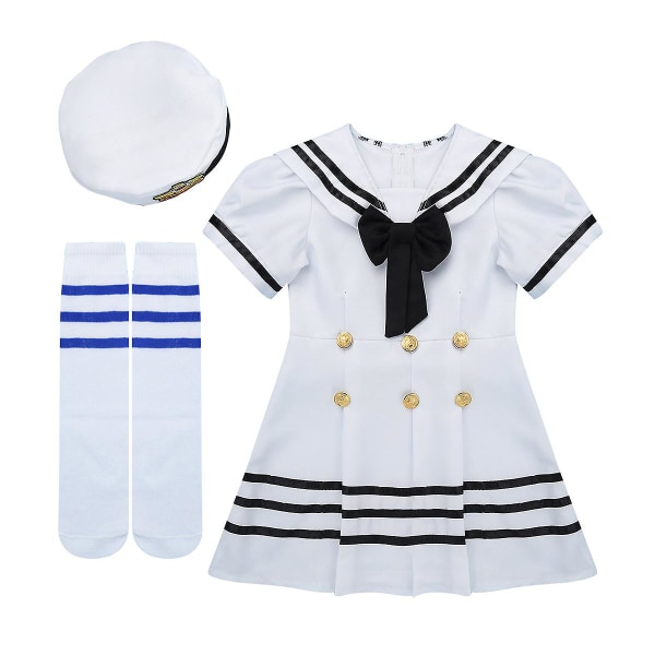 Iefiel Barn Flickor Sailor Uniform Cosplay Kostym Skolkör Nyhet Fest Performance Dans Klänning med hatt Strumpor Set Y Black  White 100cm