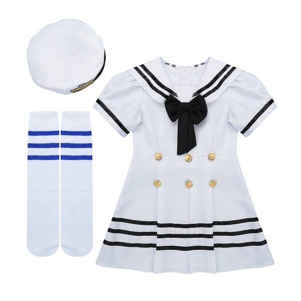 Iefiel Børns Piger Sailor Uniform Cosplay Kostume Skolekor Nyhed Fest Performance Dans Kjole med Hat Strømper Sæt Black  White 110cm