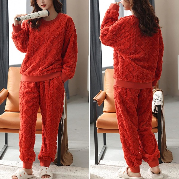 HAUFR Dame Fluffy Fleece Pyjamas Set 2 deler Varm Fleece Pyjamas Set Myke nattklær Langærmede Crewneck lommer Bukser Y Orange Medium