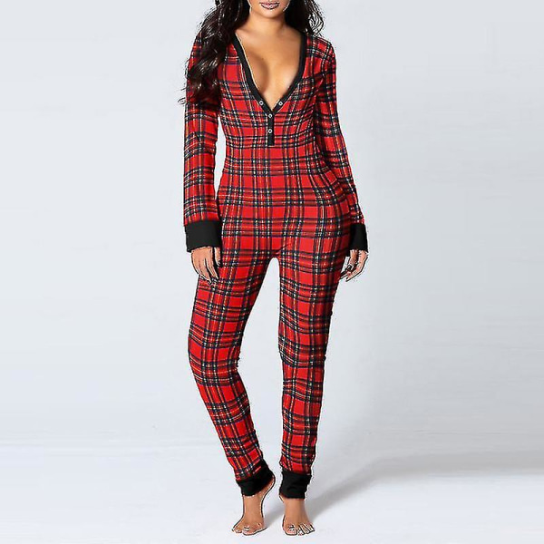 Kvinde Dyre Pyjamas Onesie Jule Bodysuit Jumpsuit Langærmet Nattøj W Stitching Plaid XL