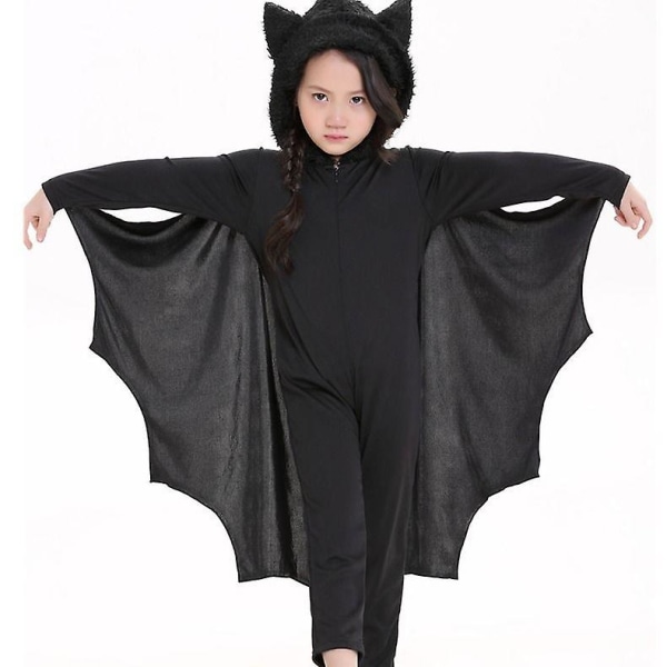 Barn vampyr flaggermus jumpsuit + hansker Halloween kostyme 130cm