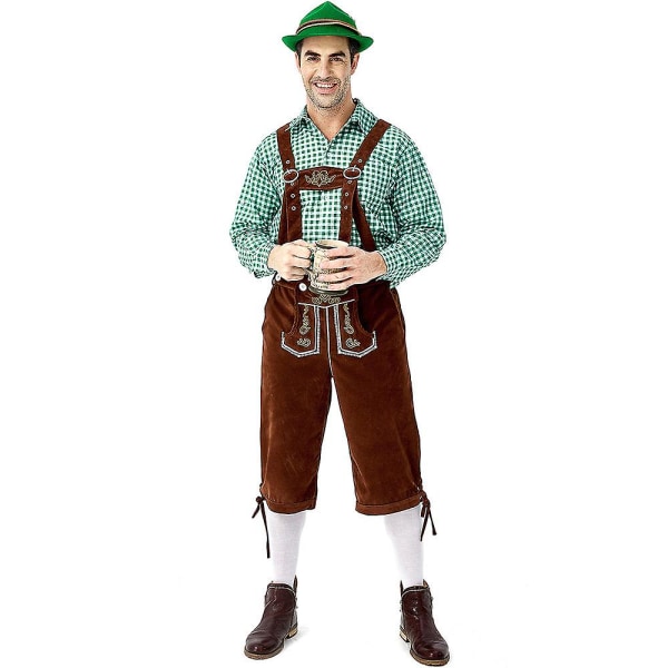 (Skjorte+bukse+hatt) Oktoberfest ølmann Lederhosen kostyme Halloween bayersk karnevalsfest Deluxe Cosplay Outfit Set B3 pants shirt Hat XXL