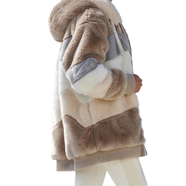Dame Vinter Plys Hætte Frakke Langærmet Zip Up Tyk Cardigan Varm Løs Jakke W Khaki M