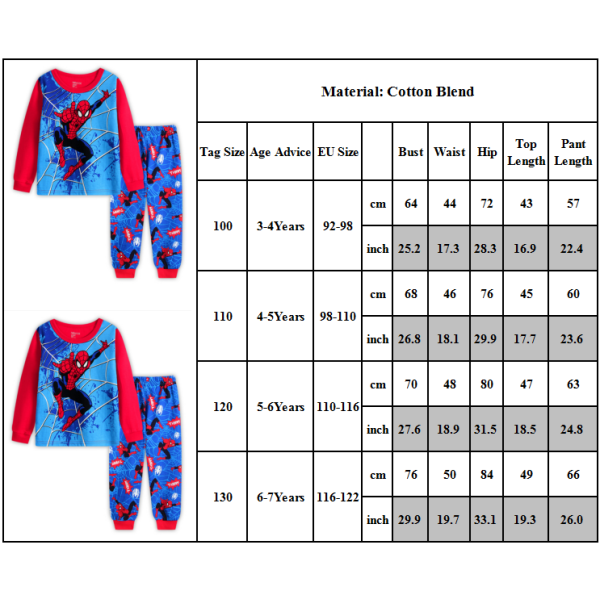 Langærmet drenge Spiderman Super Hero Pyjamas nattøj 110cm