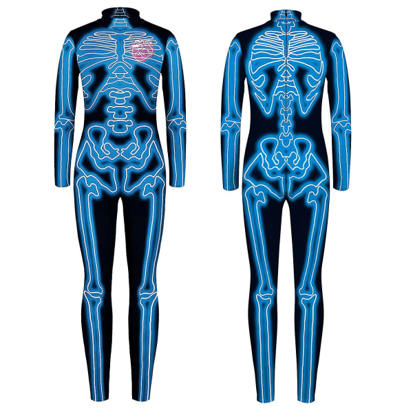 Halloween-skelettdräkt för barn och vuxna, bekväm Onesie Jumpsuit Tack!！ Blue L