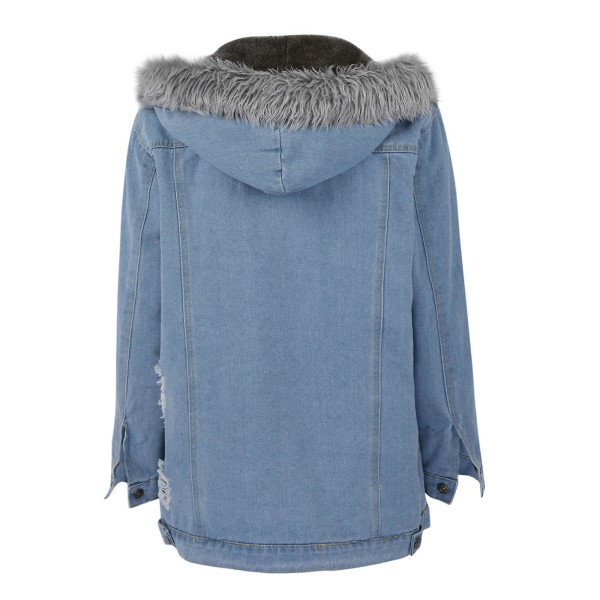 Vinter Tjock jeansjacka Dam Casual Långärmad Pälskrage Hooded Warm Coat W Light Blue 3XL