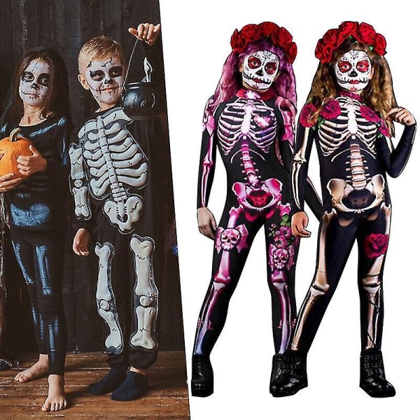 Kvinder Halloween Skelet Ben Ramme Jumpsuit Bodysuit Cosplay Fest kostume - Black 140cm