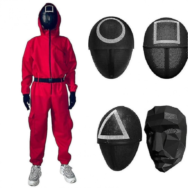 Unisex Squid Game Kostyme Jumpsuit + Squid Game Maske Halloween Outfit Gaver_c_x square L