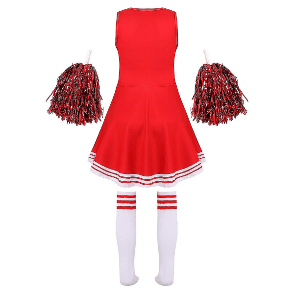 Barn Cheerleading Kostym Skoltjejer Cheerleader Uniformer Cheer Dans Outfits För Halloween Klänning Med Strumpor Blomma D_y Red 3-4 Years