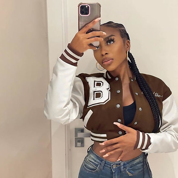 Kvinde Varsity Jakke Cropped Baseball Jakke Bomberjakker Mode Streetwear W Brown M