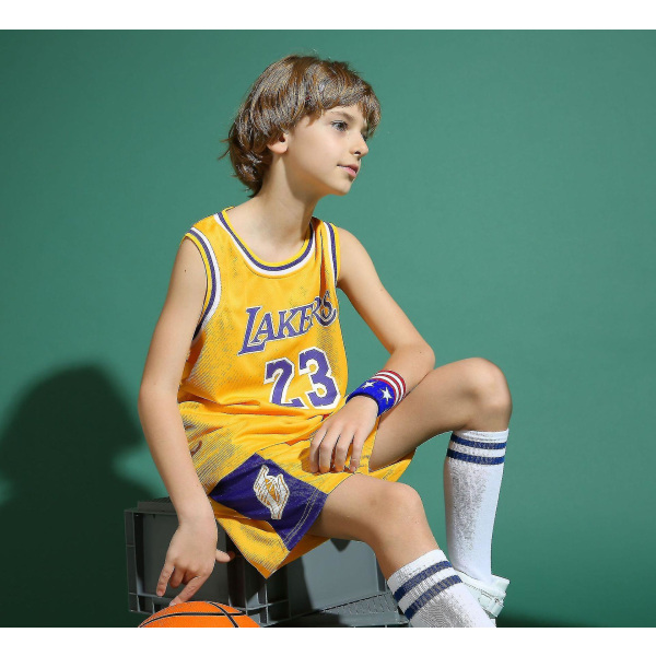 Lakers #23 Lebron James Jersey No.23 Basketball Uniform Set Kids yz Yellow XS (110-120cm)