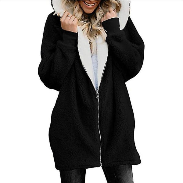 Dame Fluffy Hætte Vinter Varm Jakke Frakke Yderbeklædning Toppe Sort W 3XL
