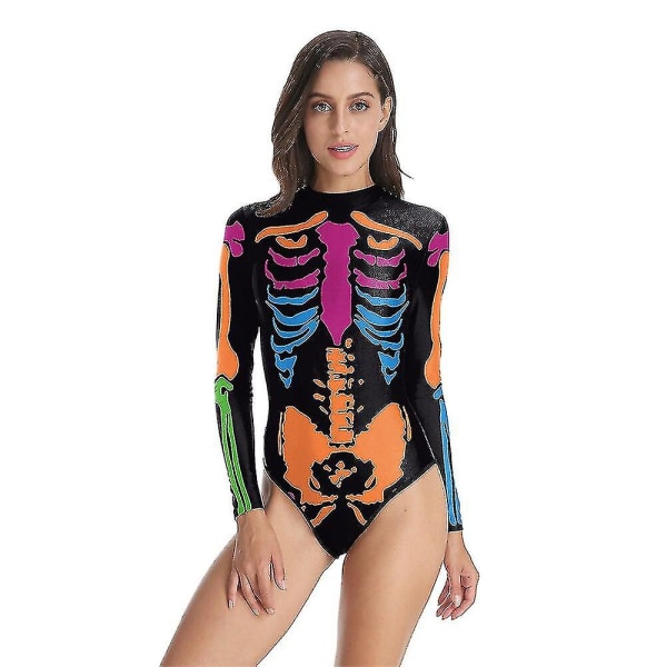 Skelettryk badedragt lynlås langærmet trekant Halloween kostumer i ét stykke W Brilliant blue L XL