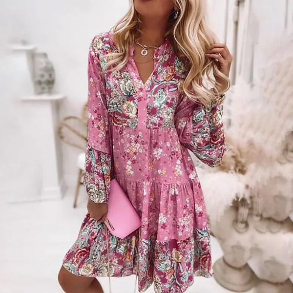Kvinner sommer langarmede kjoler Blomstrete print strand Minikjole Pink L