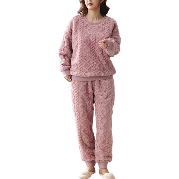 HAUFR Dame Fluffy Fleece Pyjamas Sæt 2 dele Varm Fleece Pyjamas Sæt Bløde Natkjoler Langærmede Crewneck Lommer Bukser Y Pink Medium