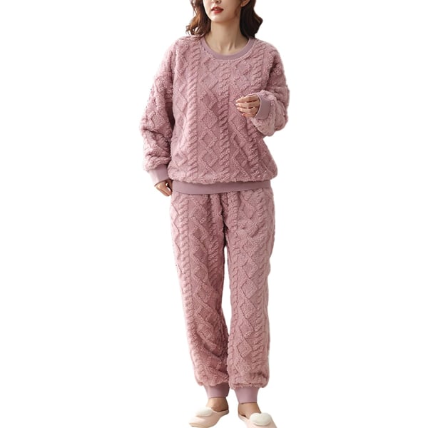 HAUFR Dame Fluffy Fleece Pyjamas Set 2 deler Varm Fleece Pyjamas Set Myke nattklær Langærmede Crewneck lommer Bukser Y Pink X-Small